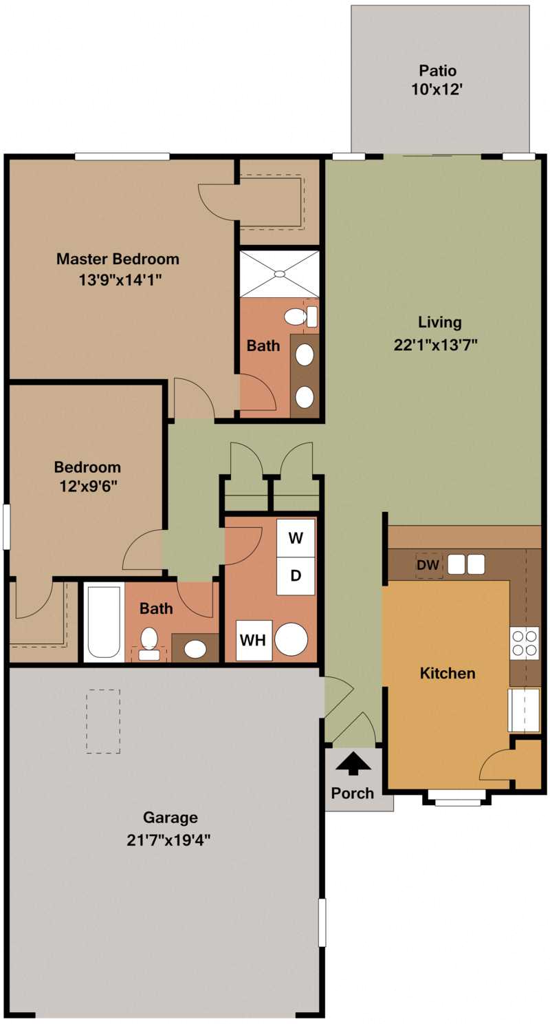Floor plan for 2 beds, 2 baths, 1165 sqft
